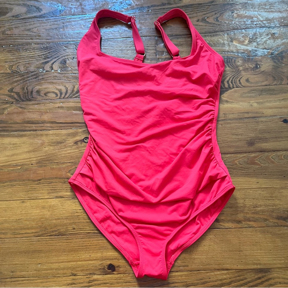 Anne Cole Ruched One-Piece Swimsuit in Red Square Neckline Adjustable Small‎
